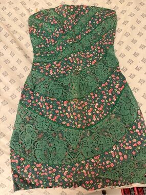 Farm Rio Brazil Green Floral Lace Strapless Dress